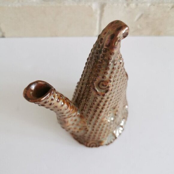 Handmade Pottery Whatsit Vase, Spotted Creative Unusual Decor Signed Brown Ceram - Picture 3 of 8